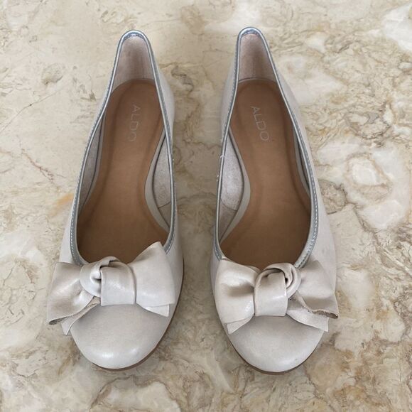 Aldo Gray Leather Silver Trim Big Bow Ballerina Flats - Picture 3 of 11